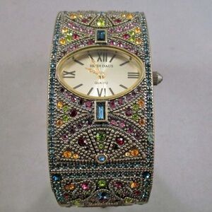 NEW HEIDI DAUS ART DECO MULTICOLOR CRYSTALS HINGED BRACELET WATCH IN BOX